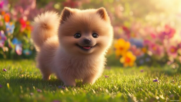 A cute puppy with fluffy fur, wagging its tail playfully in a grassy field, with colorful flowers in the background.