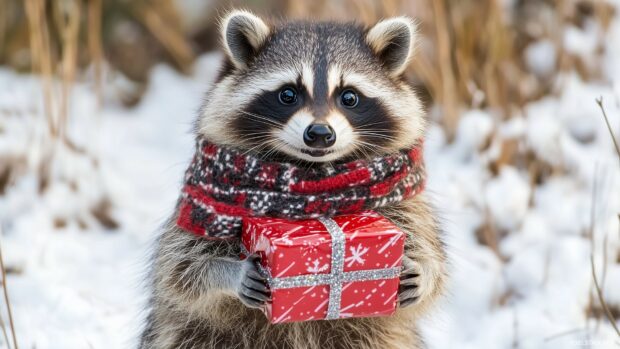 A cute raccoon wearing a Christmas scarf, holding a gift box.