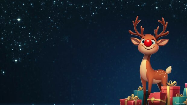 A cute reindeer with a red nose and antlers, standing next to a pile of gifts under a starry sky.