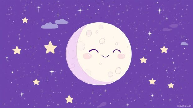 A cute simple laptop wallpaper with a smiling moon and stars on a soft lavender background.