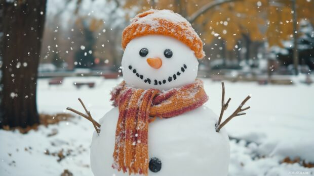 A cute snowman with a carrot nose and scarf, standing in a snowy yard.