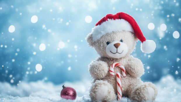 A cute teddy bear wearing a Santa hat and holding a candy cane.