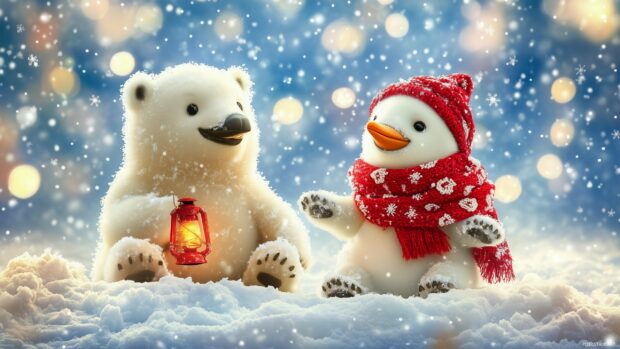 A cute winter desktop wallpaper HD with soft falling snowflakes.