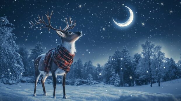 A cute winter night 4k desktop wallpaper with twinkling stars and a crescent moon, featuring a cute reindeer in a scarf looking up.