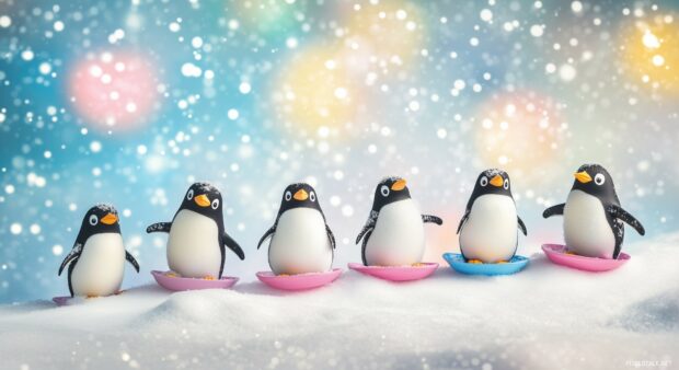 A cute winter scene of penguins sledding down a snowy hill, with pastel colored snowflakes gently falling.