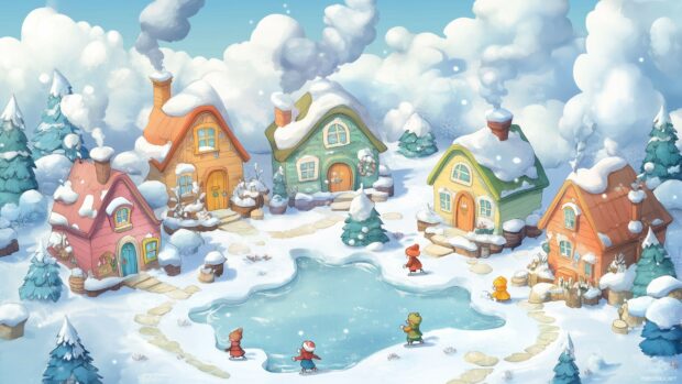 A cute winter village with tiny colorful houses, smoke rising from chimneys, and children ice skating on a frozen pond.