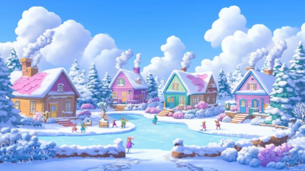 A cute winter wallpaper 4K with tiny colorful houses, smoke rising from chimneys, and children ice skating on a frozen pond.