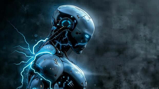 A cybernetic humanoid 4K Resolution Background with glowing blue circuits and advanced armor.