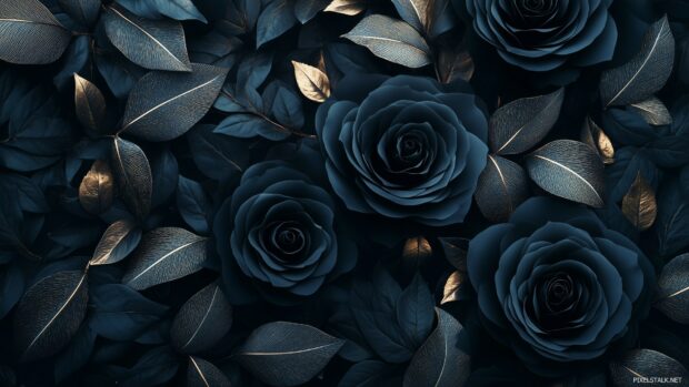 A dark floral pattern with layered black roses and subtle silver leaves,.