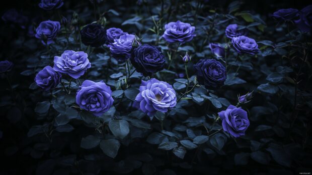 A dark rose garden at twilight.