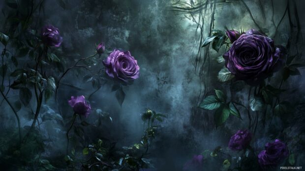 A dark rose garden at twilight, with deep purple and black roses surrounded by soft green foliage, capturing the enchanting atmosphere of the evening light.