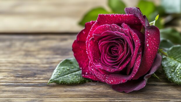 A dark rose with dew drops on its petals, placed on a rustic wooden surface.