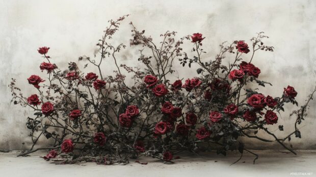 A deep red roses with hints of dark foliage.