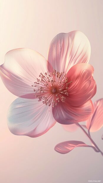 A delicate 3D pink flower with layered petals, softly illuminated and floating against a clean, gradient background.