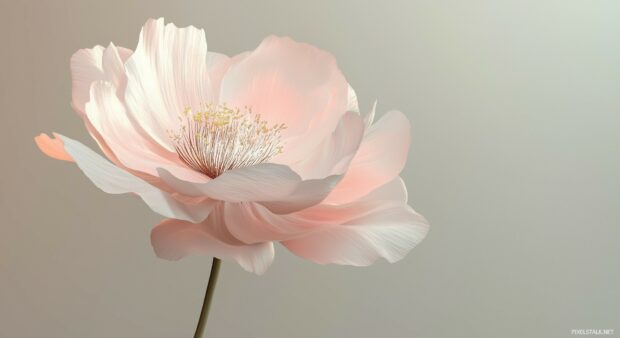 A delicate 3D pink flower with soft, layered petals floating in a minimalist space.