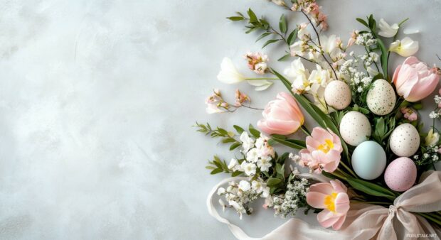 A delicate Easter bouquet Computer Wallpaper with soft pastel colored flowers, eggs, and ribbons on a light background.