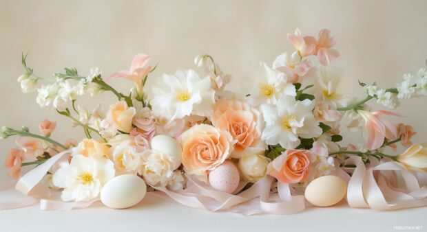 A delicate Easter bouquet background with soft pastel colored flowers, eggs, and ribbons on a light background.