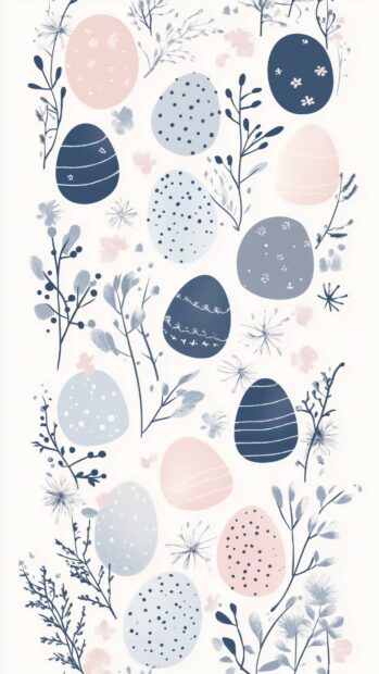 A delicate Easter iPhone wallpaper with small geometric shapes of pastel colored eggs and abstract floral elements arranged in a vertical tile design.