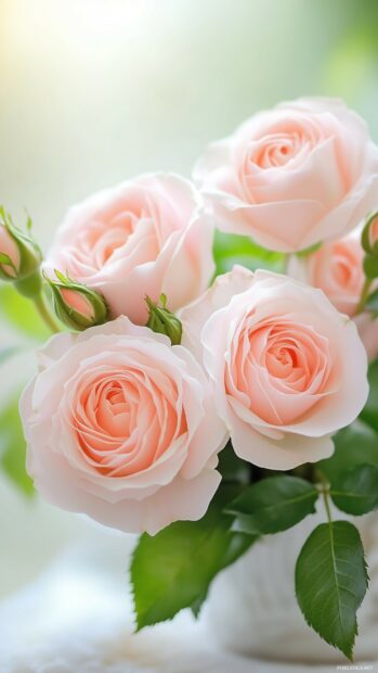 A delicate composition of pale pink roses intertwined with soft green leaves.