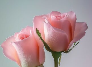 A delicate composition of pale pink roses intertwined with soft green leaves, captured in soft focus against a light pastel background.