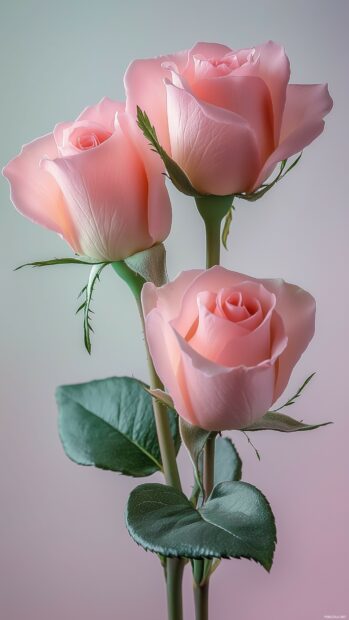 A delicate composition of pale pink roses intertwined with soft green leaves, captured in soft focus against a light pastel background.