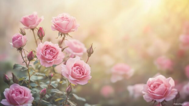 A delicate pink rose garden scene at sunrise, with various shades of pink roses blooming under the golden morning light.