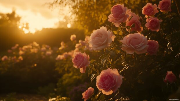 A delicate pink rose garden scene at sunrise, with various shades of pink roses blooming under the golden morning light.