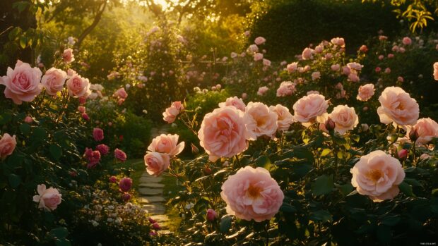 A delicate pink rose garden scene at sunrise, with various shades of pink roses blooming under the golden morning light, creating a peaceful and inviting atmosphere 2.