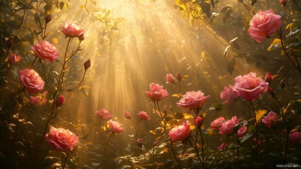 A delicate pink rose garden scene at sunrise, with various shades of pink roses blooming under the golden morning light, creating a peaceful and inviting atmosphere.