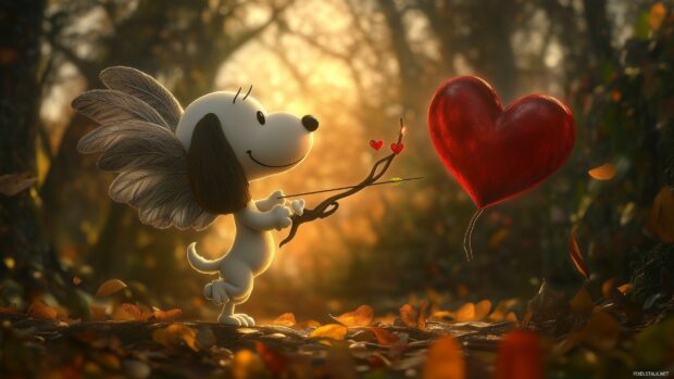 A delightful scene of Snoopy dressed as Cupid, complete with wings and a bow, playfully aiming his arrow at a heart shaped target, spreading love and happines.