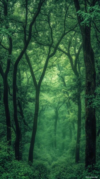 A dense green forest iPhone wallpaper with tall trees and a misty atmosphere, capturing the serene and lush environment of a secluded woodland.