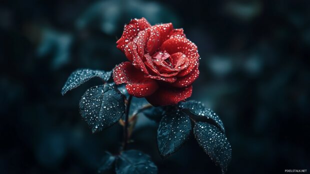 A desktop wallpaper of a dew kissed red rose, showcasing its intricate petals and vibrant color.