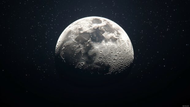 A detailed shot of the moon 4K wallpaper with visible craters, positioned against the infinite darkness of space with scattered stars.