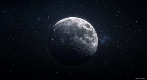 A detailed shot of the moon with visible craters, positioned against the infinite darkness of space with scattered stars.