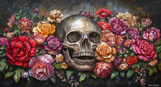 A detailed skull surrounded by 3D roses and peonies, blending dark and soft colors, with a misty, ethereal background.