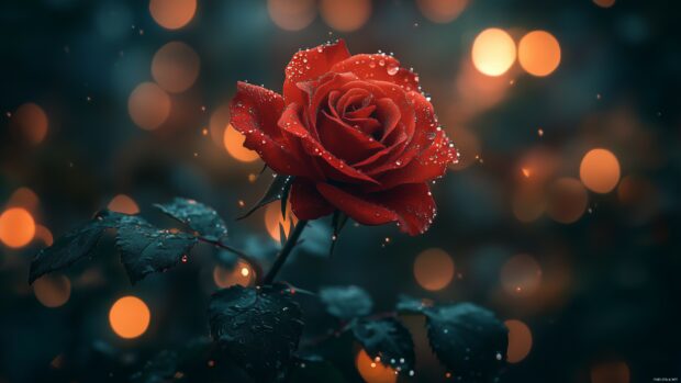 A dew kissed red love rose.