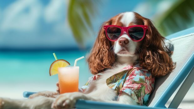 A dog wearing sunglasses and a Hawaiian shirt, lounging on a beach chair with a tropical drink, Funny Dog Background.