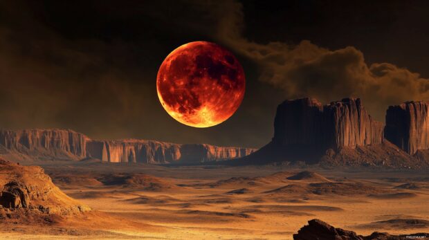 A dramatic Blood Moon partially eclipsed.