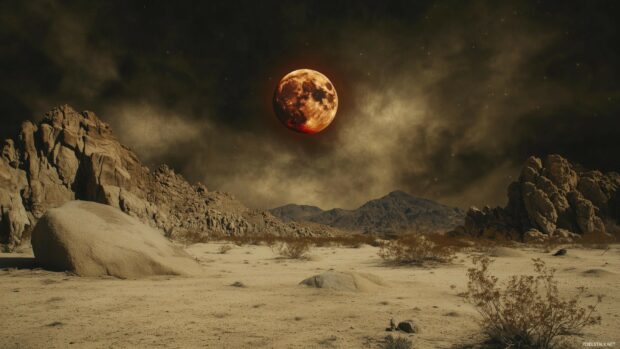 A dramatic Blood Moon partially eclipsed, casting a reddish glow over a vast, dark desert with rugged rock formations.