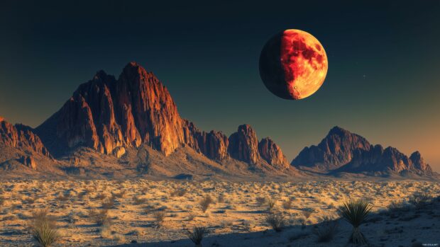 A dramatic Blood Moon partially eclipsed, casting a reddish glow over a vast, dark desert with rugged rock formations and sparse vegetation.