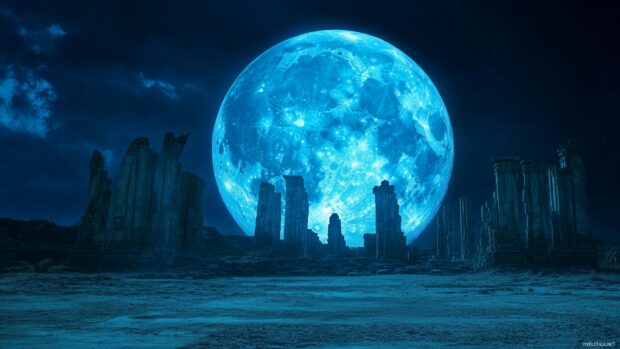 A dramatic Blue Moon rising behind a silhouette of ancient ruins, HD Wallpaper for desktop.