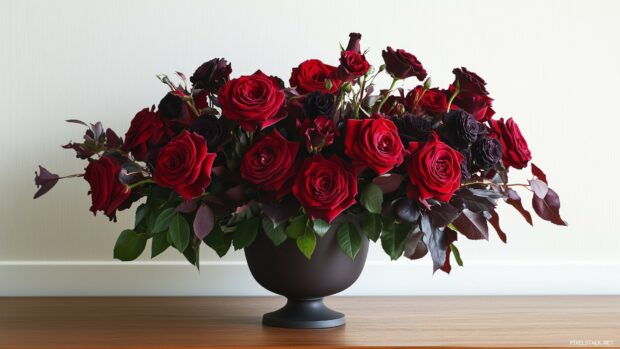 A dramatic arrangement of deep red roses with hints of dark foliage.