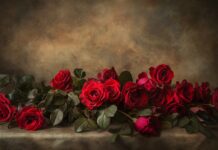 A dramatic arrangement of deep red roses with hints of dark foliage, set against a contrasting light backdrop to enhance their vivid color.