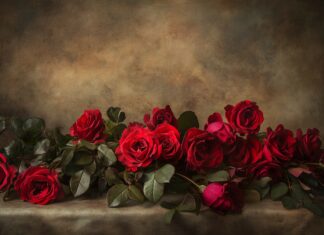 A dramatic arrangement of deep red roses with hints of dark foliage, set against a contrasting light backdrop to enhance their vivid color.