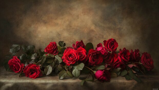 A dramatic arrangement of deep red roses with hints of dark foliage, set against a contrasting light backdrop to enhance their vivid color.