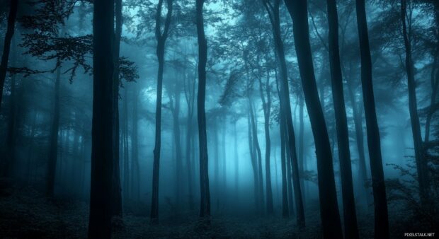 A dramatic black forest wallpaper features misty fog rolling through dark, towering trees.