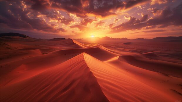 A dramatic desert landscape 4K desktop wallpaper with sand dunes and a fiery sunset.