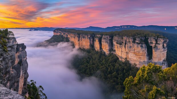 A dramatic mountain landscape desktop wallpaper with layers of fog rolling over rocky cliffs at sunrise.