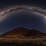 A dramatic mountain range under a starry night sky illuminated by the Milky Way.