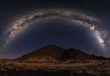 A dramatic mountain range under a starry night sky illuminated by the Milky Way.